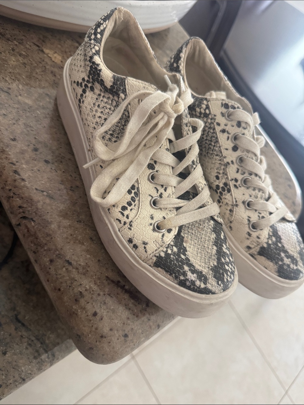 Steve Madden Cream and Black Snake-Print Lace-Up Sneakers